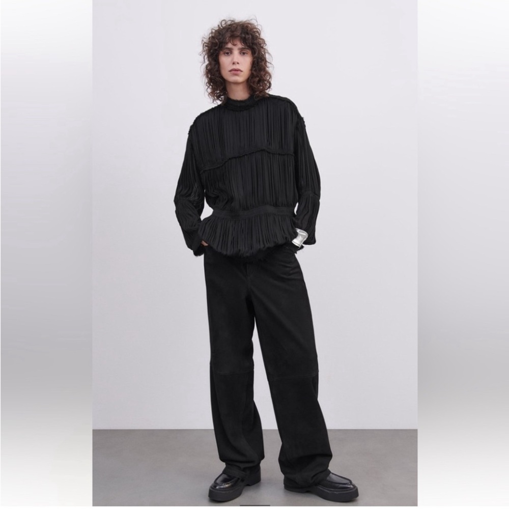 Zara Black Pleated Long Sleeve Blouse with Mandarin Collar